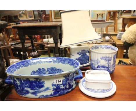 Blue and White Footbath, Early 20th century Villeroy & Boch Pot Stand, Spode Jardiniere, Sardine Dish and an Oriental Blue an