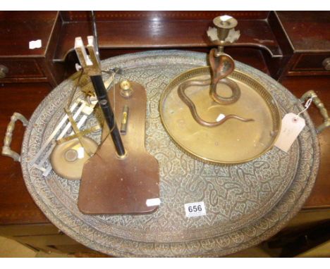 Large Persian Oval Copper Tray plus Snake Candlestick, Brass Gallery Tray and Set Scales