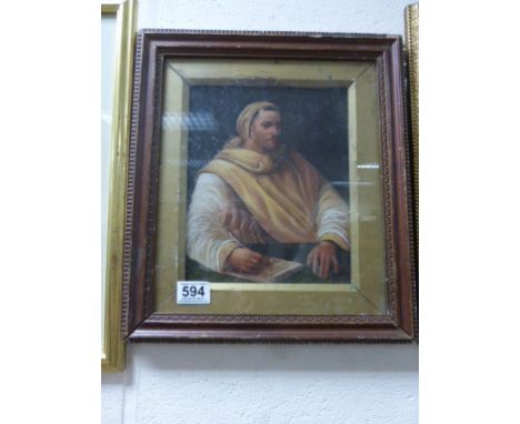 An oil painting portrait of a Medieval monk writing a manuscript