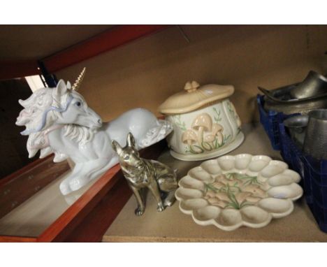 Ceramic Unicorn, Ceramic Cheese Dish and Egg Plate decorated with Mushrooms and a Silvered Model of an Alsatian 