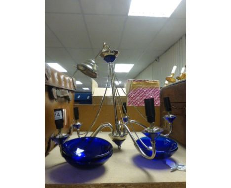 Chrome and Blue Glass Contemporary Central Light Fitting plus Oil Lamp (converted to electric)