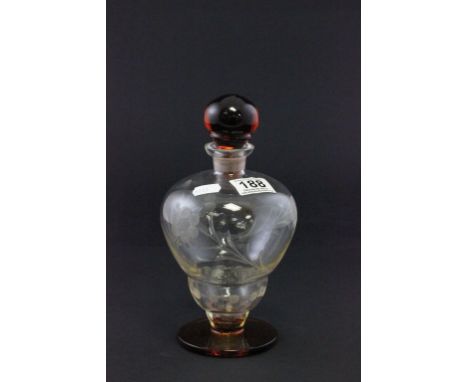 Large Etched Glass Perfume Bottle / Decanter with Brown Glass Stopper and Foot