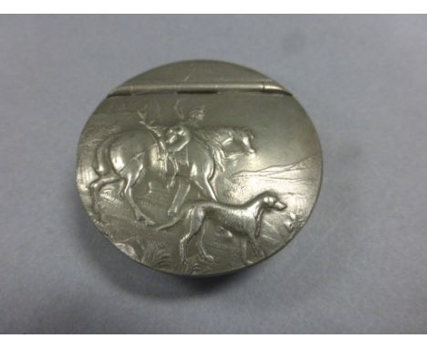 James Dixon and Sons plated snuff box decorated with huntsmen and hound