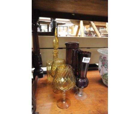 Amber Glass Apothecary Style Jar & Stopper plus Two Goblets and an Amethyst Glass Jug and Two Vases