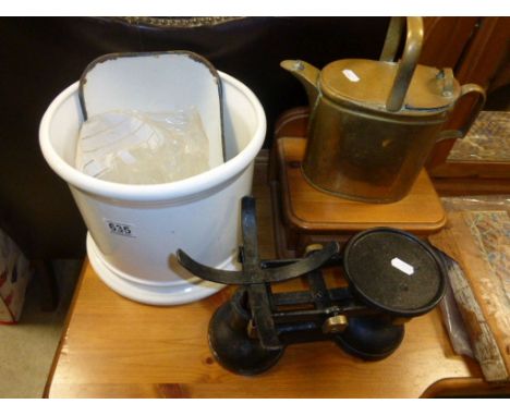 Brass Watering Can, Set Scales and Weights and a White Ceramic Planter