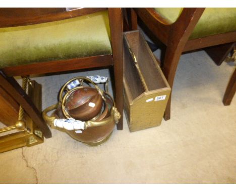 Three Copper Coal Scuttles with Ceramic Handles and a Brass Magazine Rack