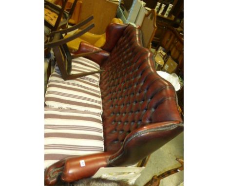 Brass Studded Oxblood Red Leather High Back Chesterfield Style Three Seater Sofa