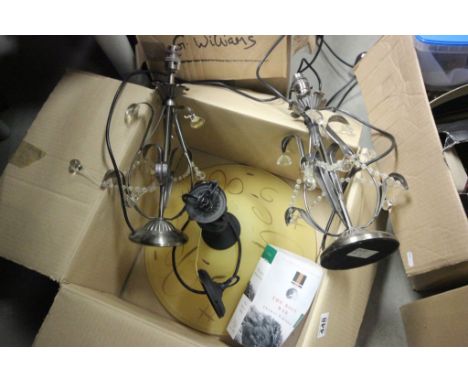 Central Light Fitting with Yellow Glass Shade plus Pair of White Metal and Glass Drop Table Lamps