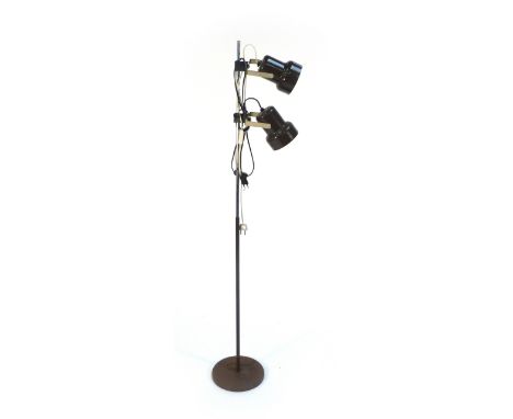 A 1970's brown enamelled twin spot standard lamp on an aluminium shaft   CONDITION REPORT:  Working order unknown, no plug, w