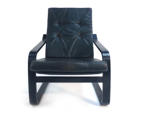 A black button upholstered lounge chair on a black bentwood frame   CONDITION REPORT:  Buttons missing, heavy wear, structura