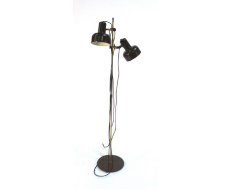 A 1970's brown twin spot standard lamp on a brass coloured shaft   CONDITION REPORT:  Working order unknown, no plug, wear an