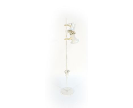 A 1970's white enamelled twin spot standard lamp   CONDITION REPORT:  Working order unknown, no plug, wear and losses through