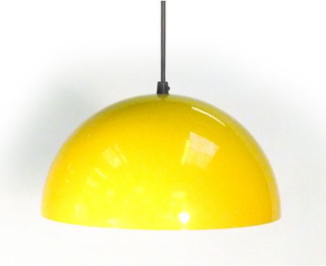 A yellow plastic pendant ceiling light of semi-spherical form   CONDITION REPORT:  Some minor wear, working order unknown, ma