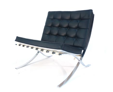 After Ludwig Mies van der Rohe, a black button upholstered 'Barcelona'-type chair