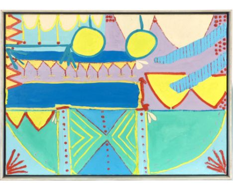 Alfred Poole,'Tricks',label and receipt verso dated 1990,oil on canvas,51 x 76 cm   CONDITION REPORT:  Framed. Good