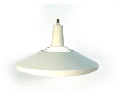 A Lyfra grey enamelled ceiling light with a white diffuser   CONDITION REPORT:  Heavy wear and damage throughout, working ord