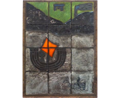 Keith Smith'Celtic Saint coming to Cornwall',signed verso, limited edition 21/100,mounted ceramic tiles,39 x 29 cm   CONDITIO