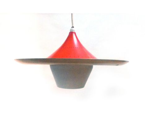 A 1970's red enamelled ceiling light with a glass inner shade   CONDITION REPORT:  Working order unknown, some wear and disco