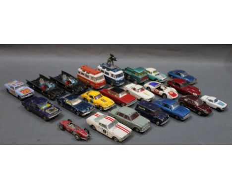 A group of 22 play worn Corgi diecast model vehicles, to include two Batman batmobiles, with red bat hubs, an Oldsmobile Supe