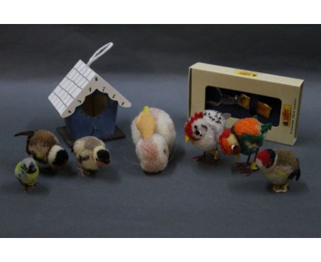 A group of late 1950's-80's Steiff Wooly miniature animals, to comprise hen, rooster, rabbit, three coloured finches, and blu
