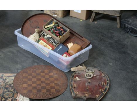 A group of Victorian and later games, to include a bagatelle board, carpet bowls, dominoes, hoopla, and others