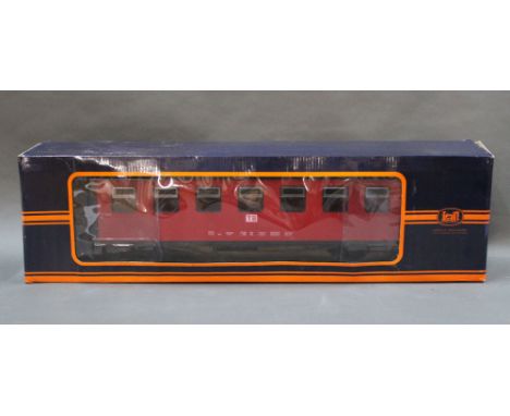 Two Newquida G Scale passenger coaches, displayed within their original cardboard window boxes  