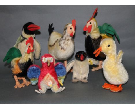 A group of seven 1950's-70's Steiff birds, of various sizes, to comprise two Peggy penguins, the tallest measuring 22 cm, two