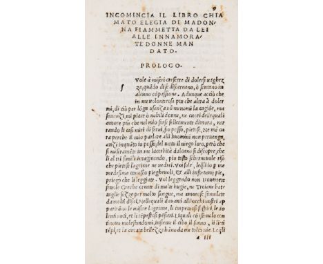 Boccaccio Giovanni. Fiammetta. Firenze, Bernardo Giunta, ottobre 1533.In-8° (mm 150x90). Segnatura: a-o⁸ . 110, [1] (di 2, ma