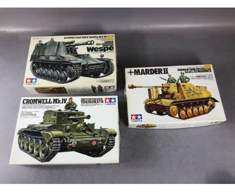 Three TAMIYA unassembled 1:35 scale model tanks: Marder 2, Cromwell Mk IV, Howitzer Wespe