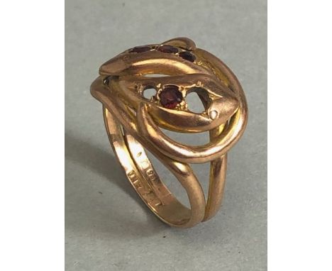 9ct Gold double snake ring (missing some stones) approx size T and 5.7g