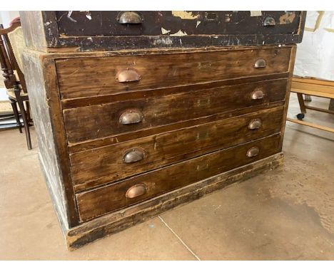 Vintage wooden plan chest with original brass cup handles consisting of four drawers 