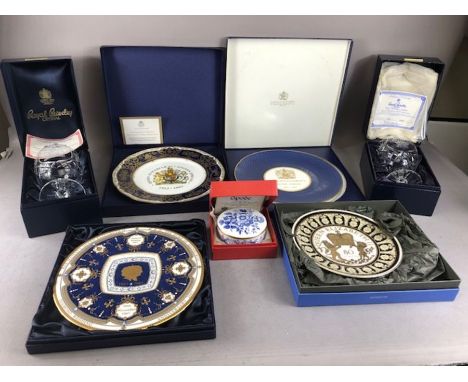 Collection of commemorative china and crystal glassware to include Spode, Royal Worcester, Wedgwood and Royal Brierley, boxed