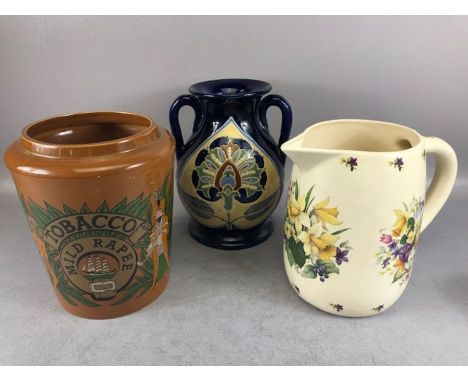 Collection of three vintage ceramic items: a floral jug approx 22cm in height marked 'Made in England', a 'Mild Rapee' tobacc