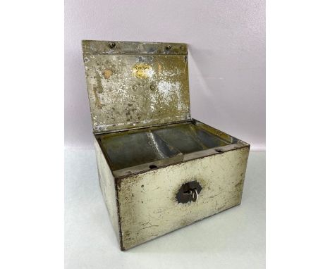 Vintage metal lock box, approx 24cm x 19cm x 13cm tall, with internal tray and key