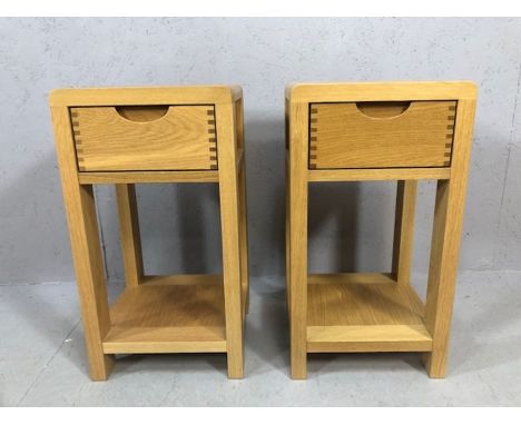 Pair of ERCOL Bosco light oak compact tables or bedsides, each with single drawer and shelf under, each aprox 32cm x 32cm x 6