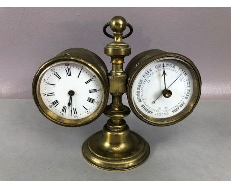 Vintage brass desktop clock and Barometer approx 14cm tall