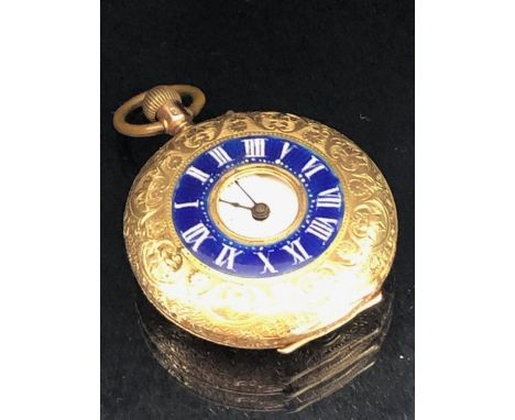 14ct Gold and enamel half hunter pocket watch marked for 14k inside and stamped to the stem A/F