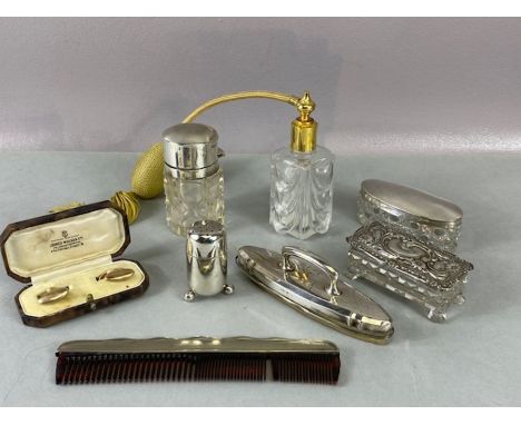 Collection of curios to include boxed set of gold gilt cufflinks,, hallmarked silver vanity items including scent bottle and 