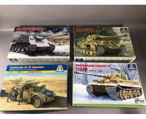 Four ITALERI unassembled 1:35 scale model tanks: Camionetta, Panzerkampfwagen VI, Panther, Jagdpanther