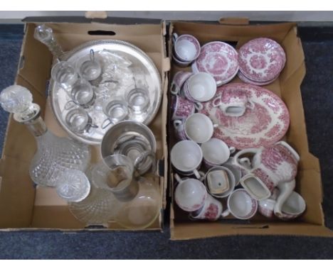 Two boxes containing plated serving tray and glasses, ship's decanters, Myott Tonquin tea ware.