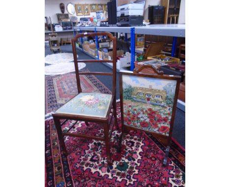 A 19th century mahogany tapestry bedroom chair and further mahogany-framed fire screen 