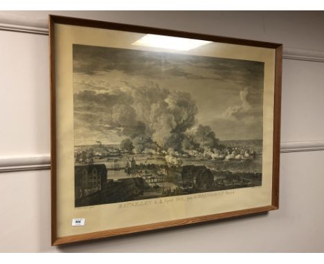 A Continental monochrome print depicting a battle scene, 86cm by 65cm.