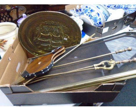A folding spark guard together with fireside tools bellows and a plaque.