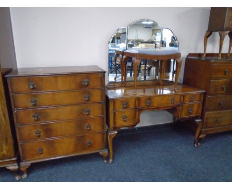 A 20th century walnut Queen Anne-style dressing table with triple mirror and stool together with matching five-drawer chest 