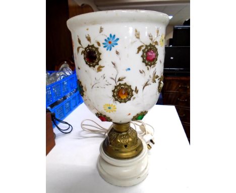 A white glass table lamp with encrusted decoration 