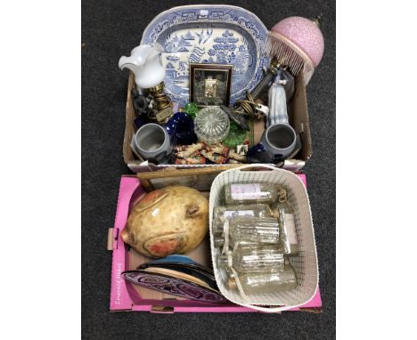 Two boxes containing an antique blue and white meat plate, table lamp with shade, pottery steins etc.