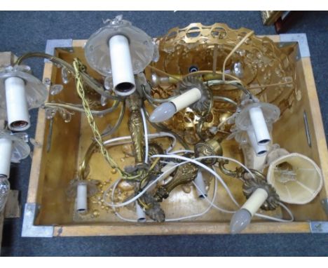 A crate containing three assorted continental light fittings, two with glass drops.