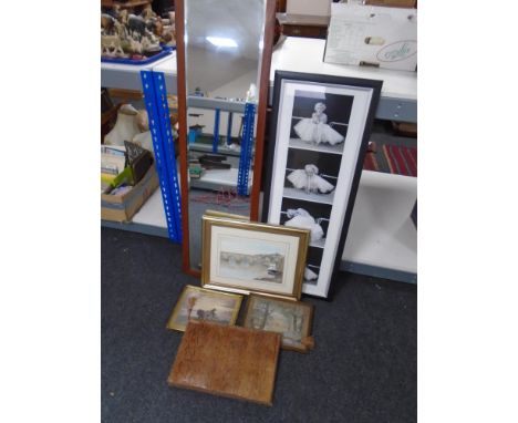 A wooden framed bevelled mirror together with a picture depicting Marilyn Monroe, snakeskin bag etc 
