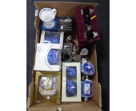 A box of Ringtons china, chintz jug, cathedral caddy, silver plated items etc.