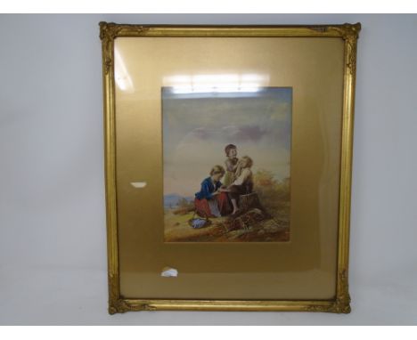 An early 20th century overpainted print depicting children by a tree stump, 19cm by 23cm.
